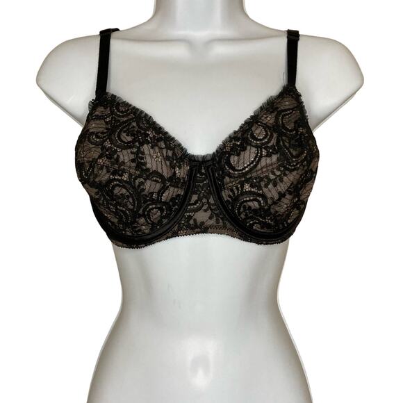 Victorias Secret 34D Vintage Unlined Floral Lace Balconette Bra Ruffle Mesh Trim - Picture 1 of 16
